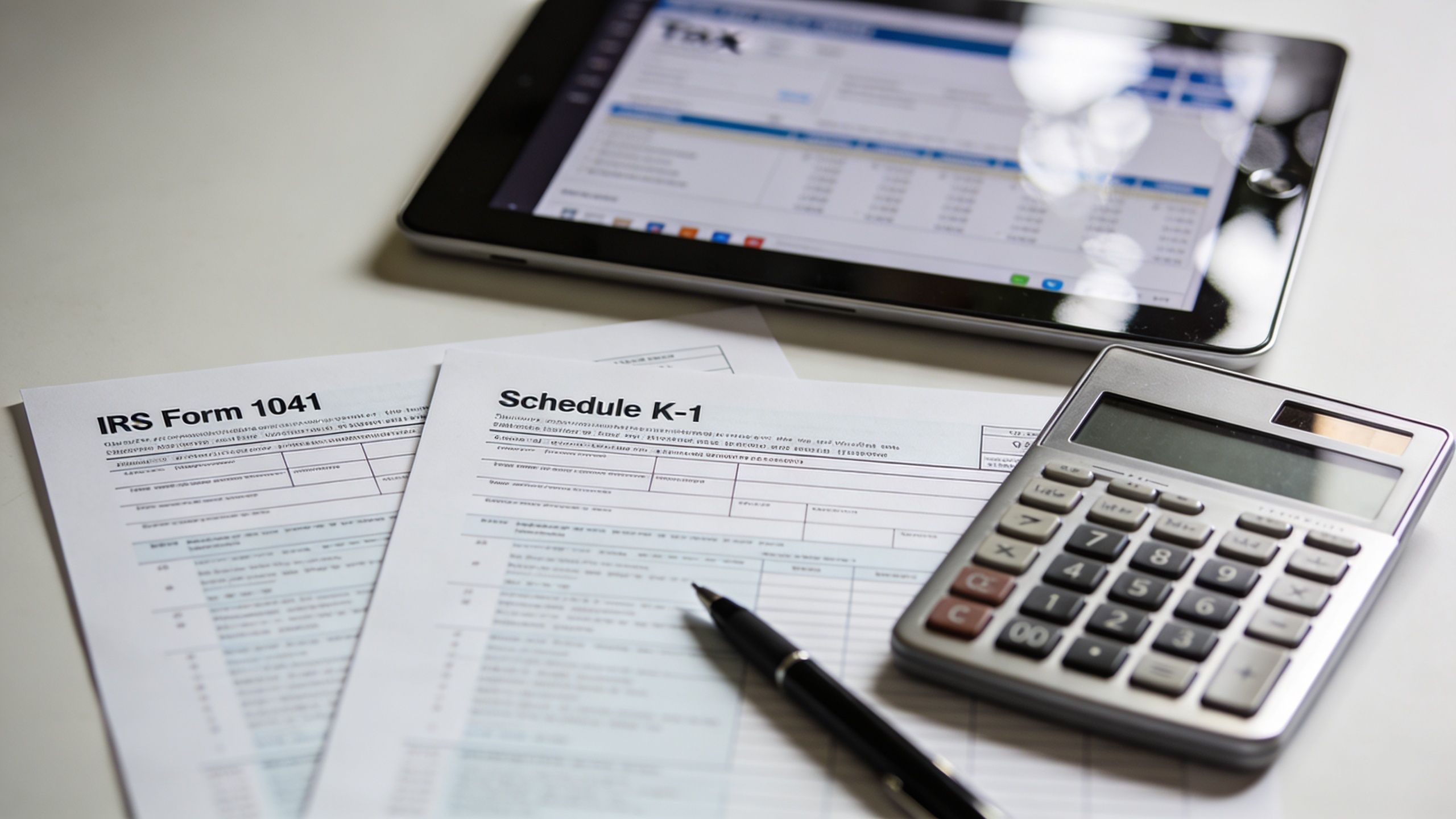 IRS Form 1041 and Schedule K-1 tax documents lying on a table next to a calculator and tablet.