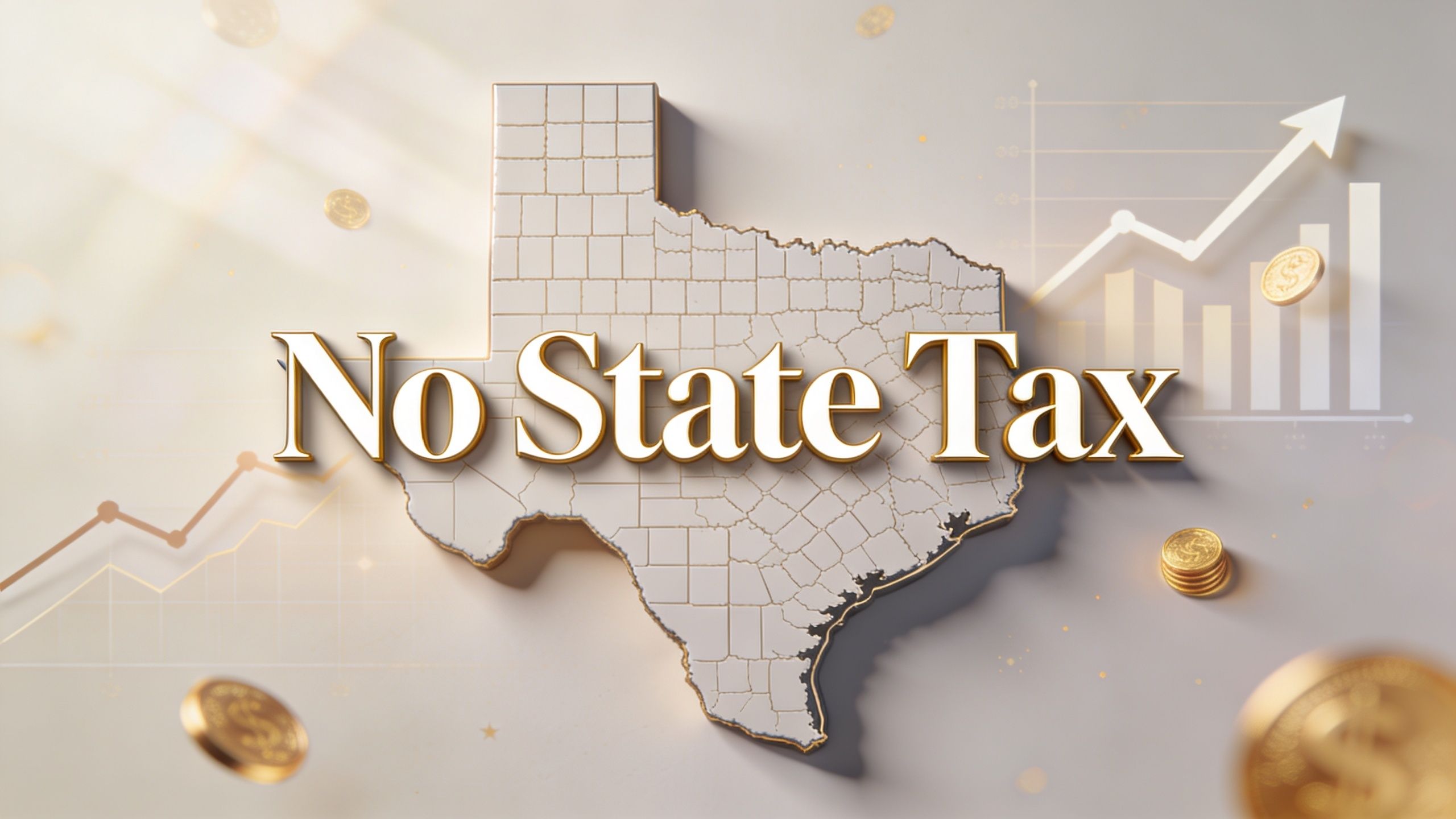A 3D representation of the state of Texas with the words No State Tax and gold coins.