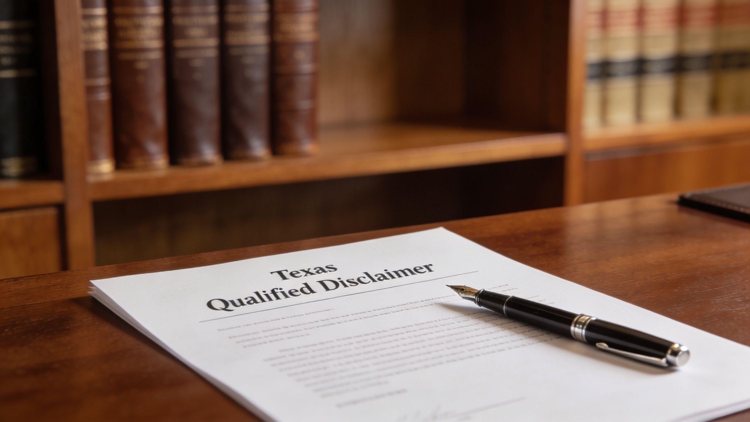 A document titled Texas Qualified Disclaimer rests on a wooden desk next to a fountain pen.