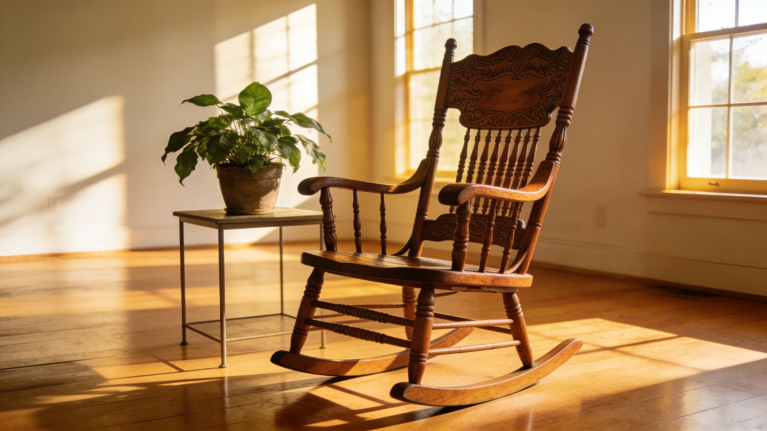 A classic wooden rocking chair sits in a bright, sunlit room next to a small potted plant.