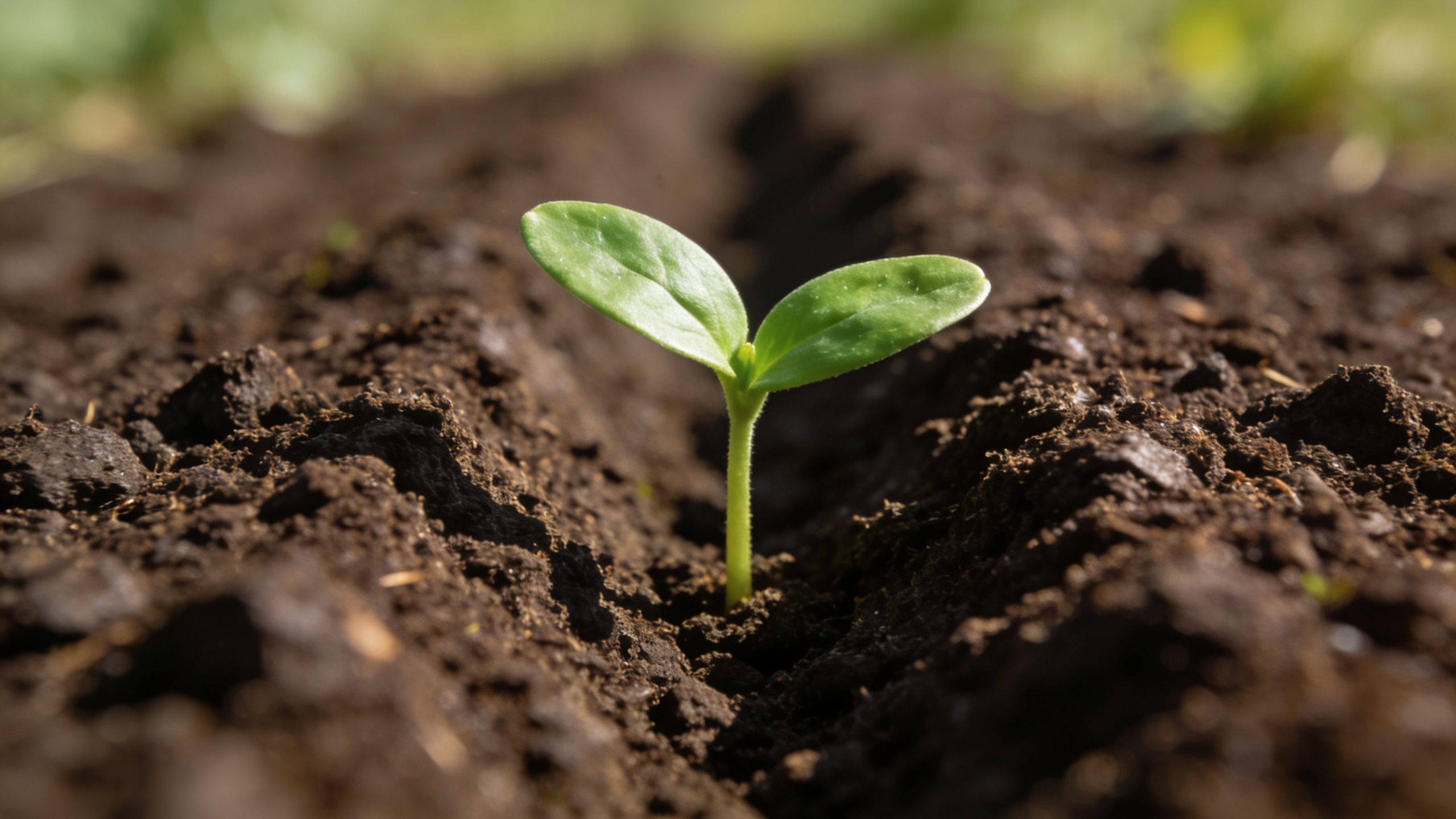 A small green sprout emerging from the rich dark soil in a prepared garden row.
