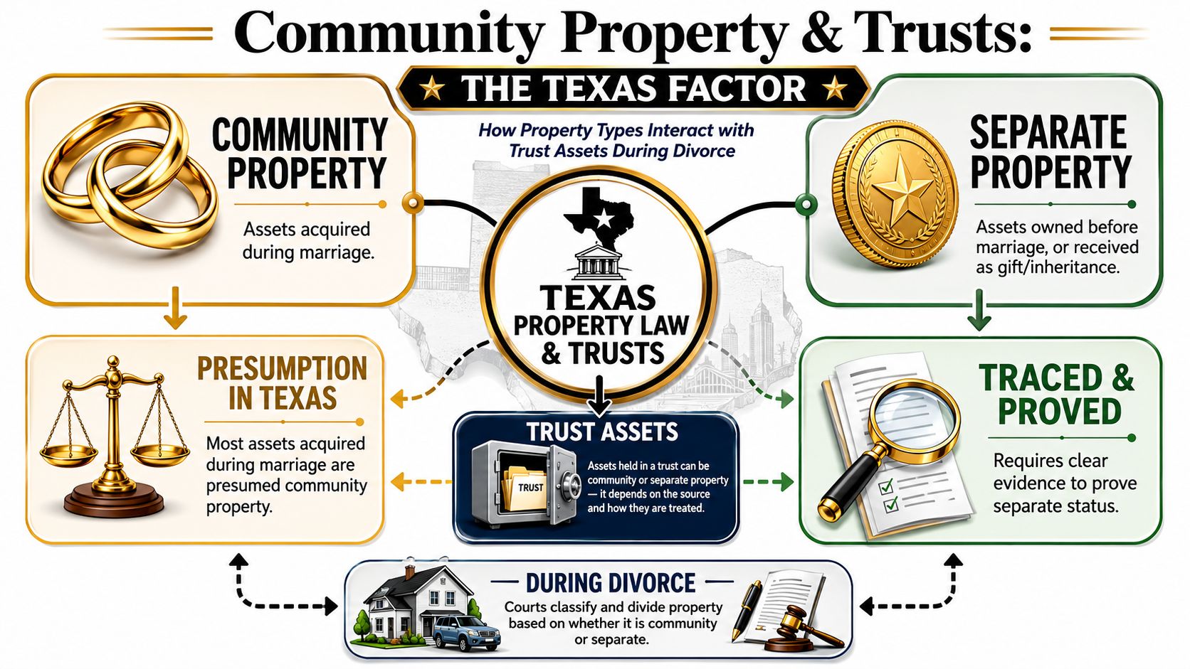 An infographic explaining how Texas law classifies community and separate property assets within trusts during a divorce.