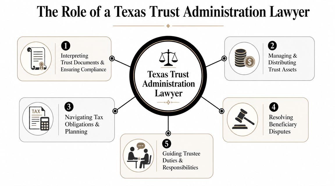 A diagram outlining five key responsibilities of a Texas trust administration lawyer in estate and trust management.