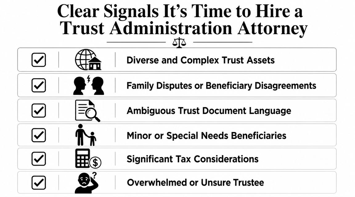 A checklist graphic listing six clear signals that it is time to hire a trust administration attorney.
