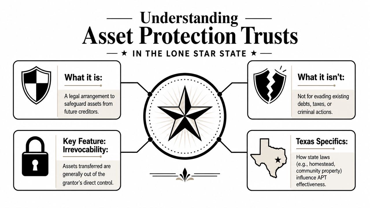 An infographic titled Understanding Asset Protection Trusts in the Lone Star State, outlining legal definitions and guidelines.
