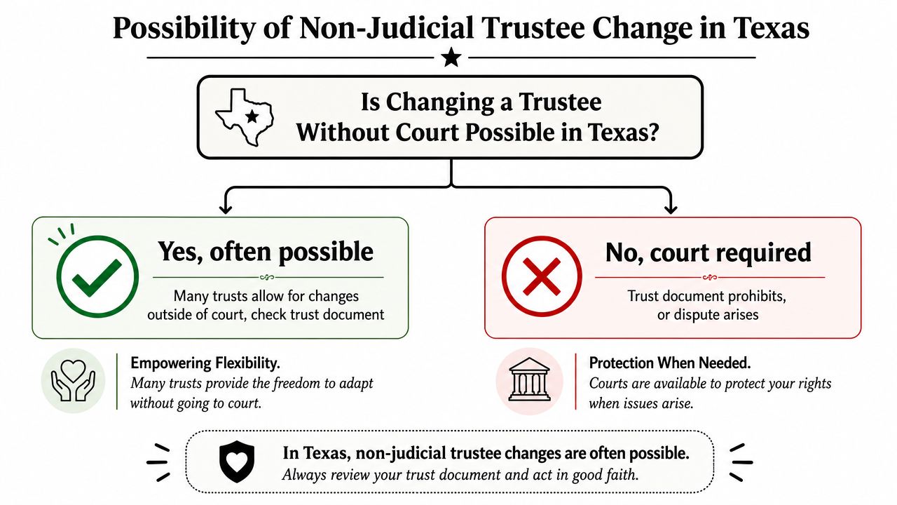 A flowchart explaining the possibility of changing a trustee without court intervention in Texas law.