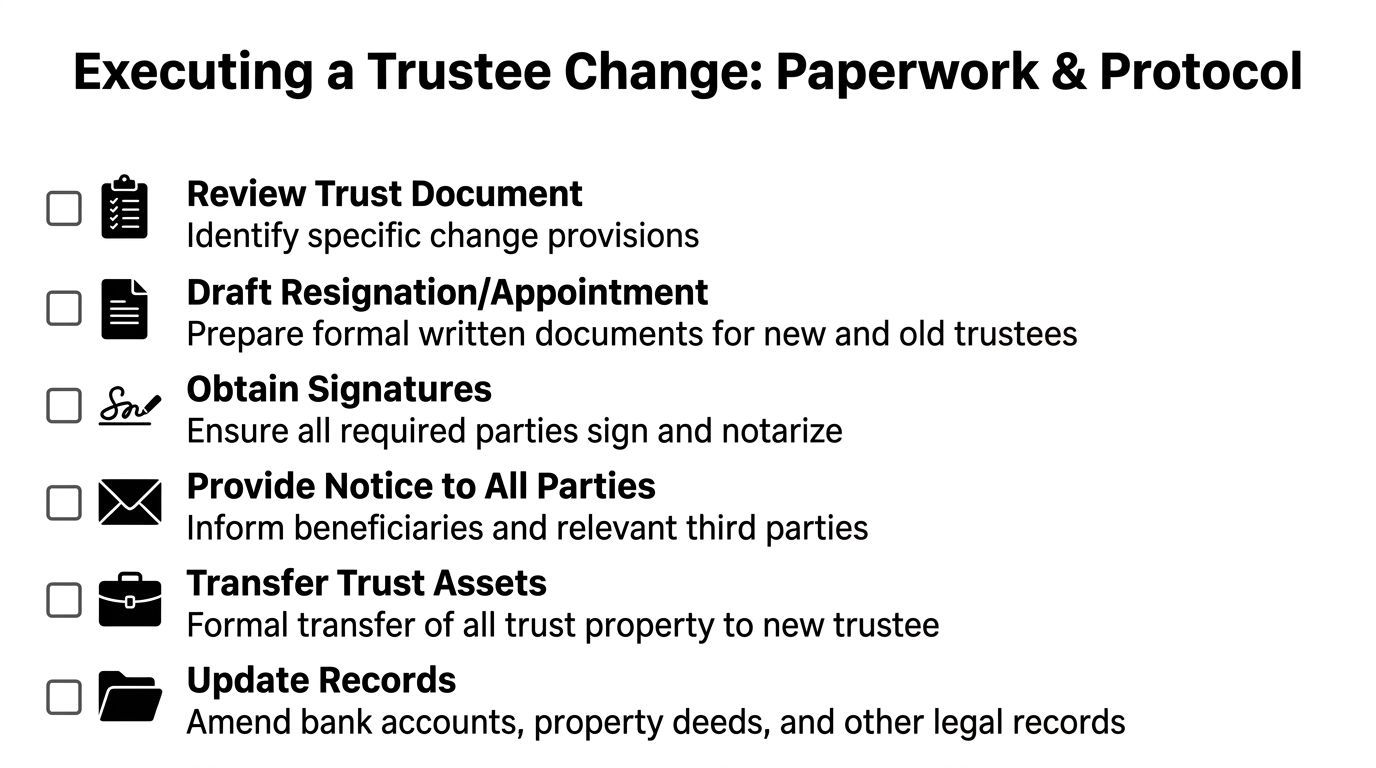 A checklist outlining the six essential steps for executing a formal trustee change process.