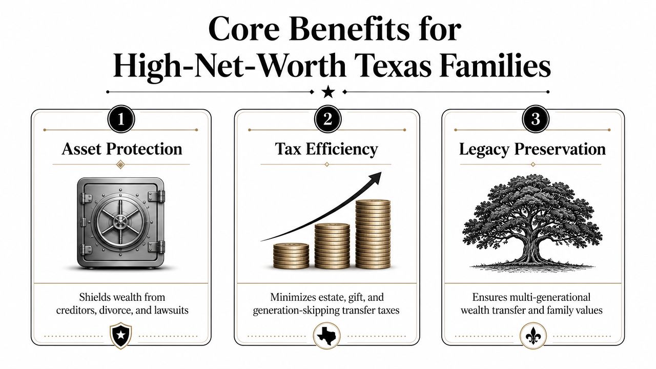 An infographic showing three core benefits for high-net-worth Texas families: asset protection, tax efficiency, and legacy preservation.