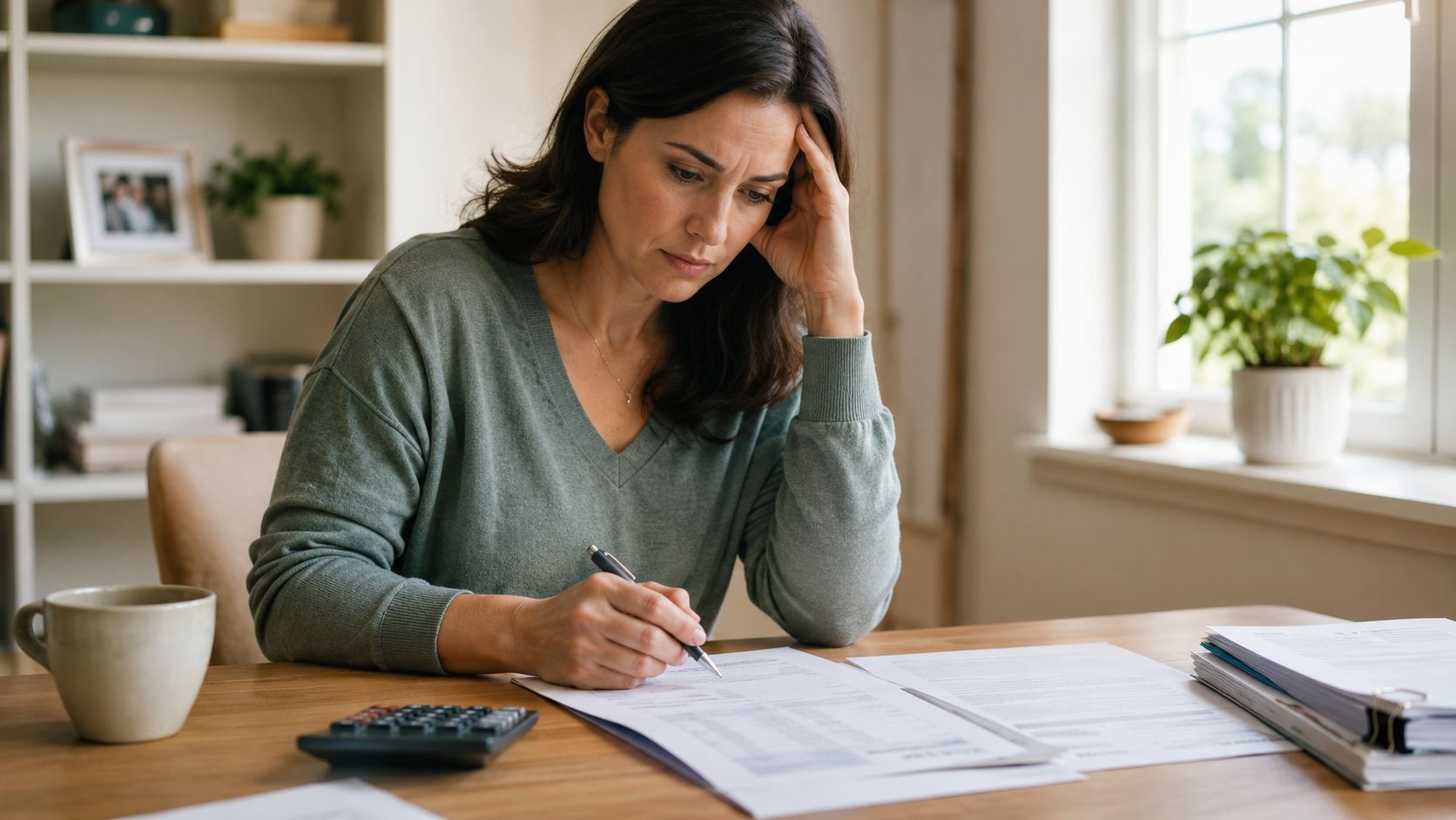 A concerned woman sitting at a desk reviewing financial documents and calculating guardianship costs at home.