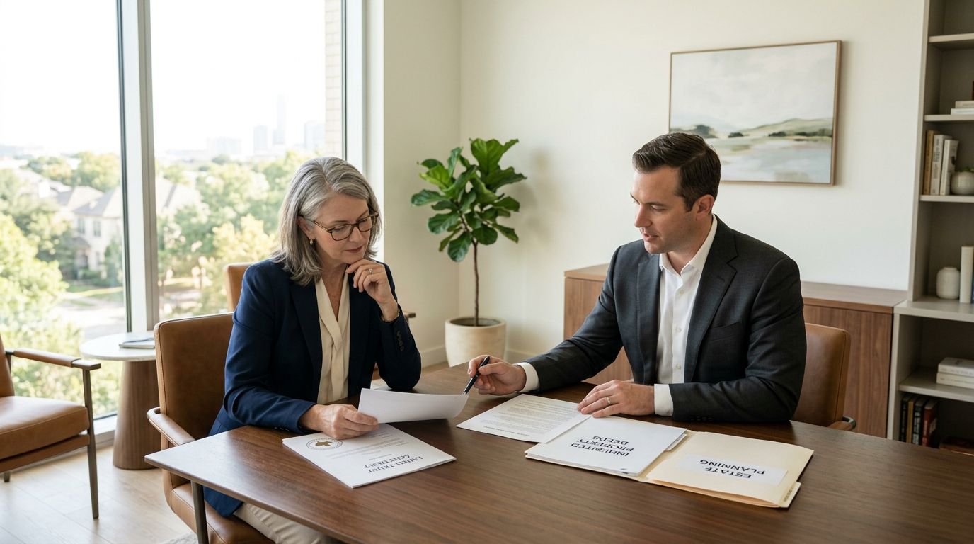 A professional attorney discussing estate planning documents with a female client in a bright office setting.