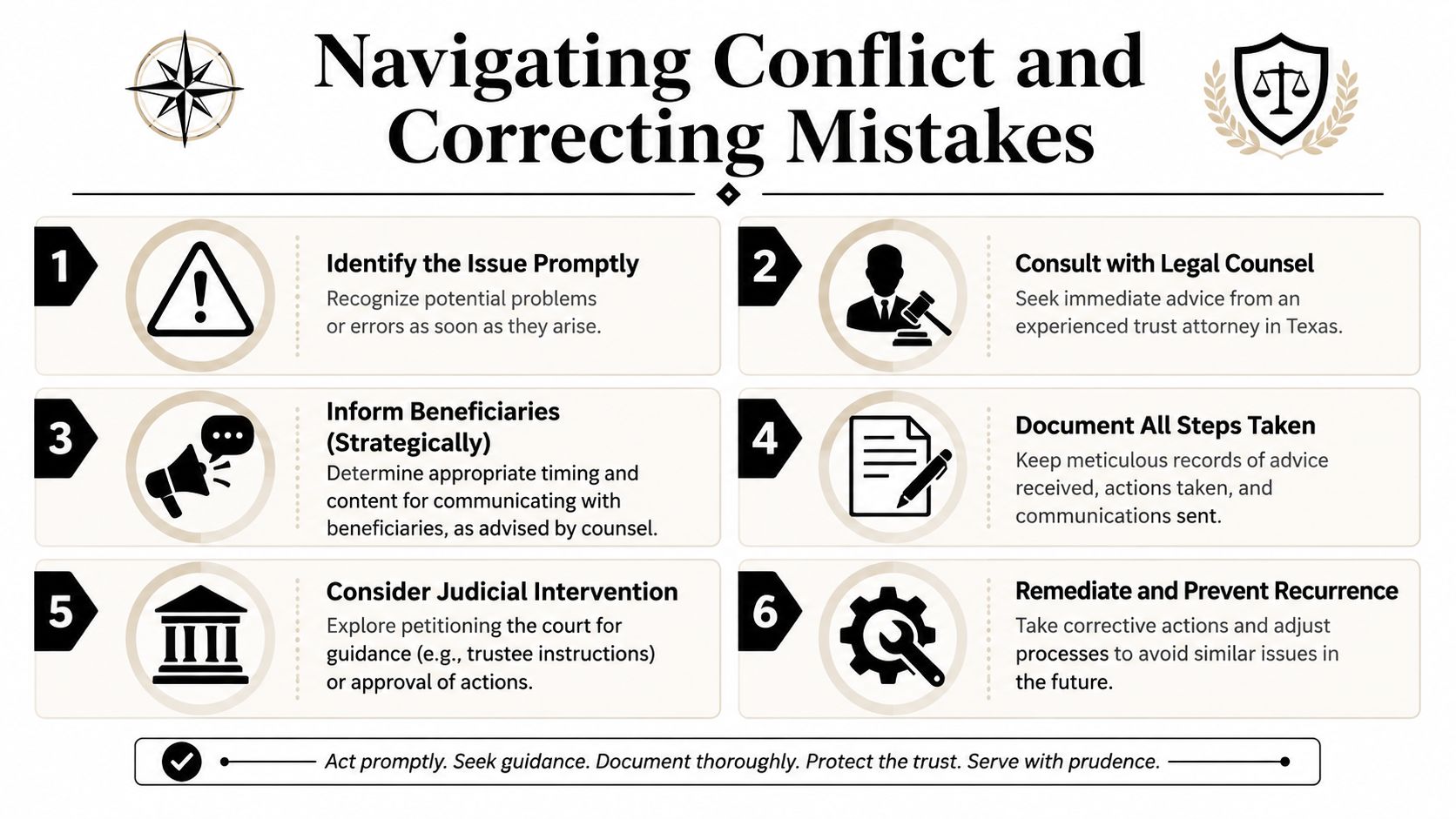 A structured guide outlining six essential steps for trustees to manage conflicts and correct mistakes effectively.