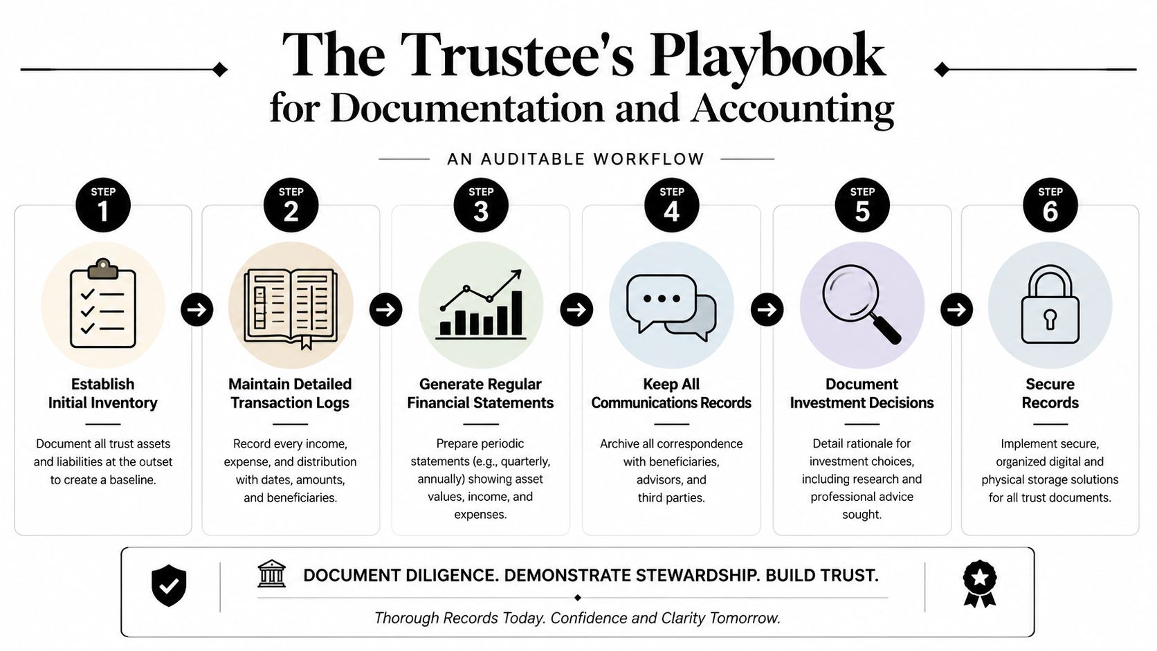 A six-step infographic guide for trustees outlining best practices for trust documentation and financial accounting.