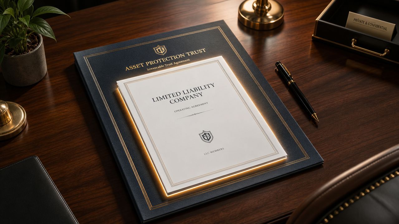 A professional document folder labeled Asset Protection Trust resting on a desk with a fountain pen.