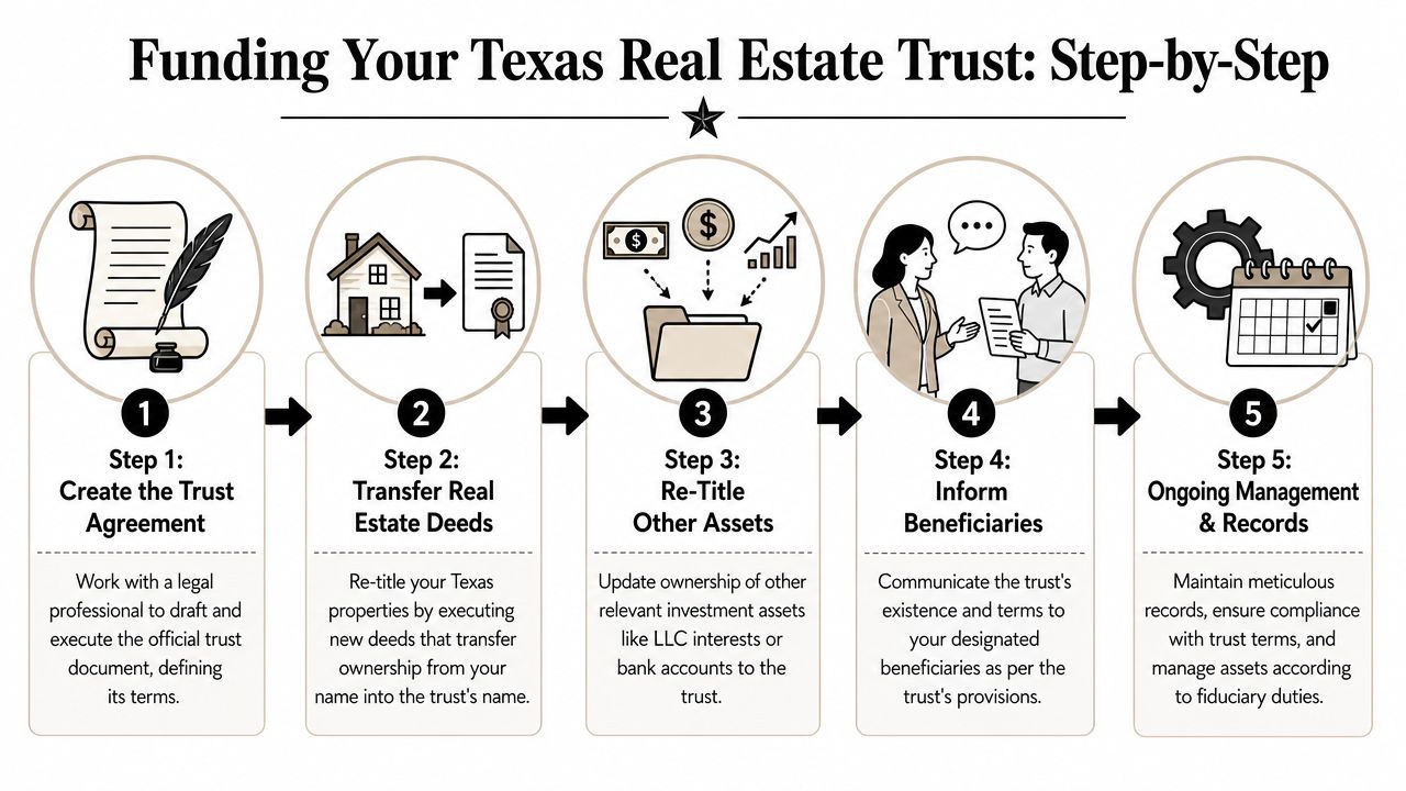 A five-step infographic illustrating the process of funding a real estate trust in Texas.
