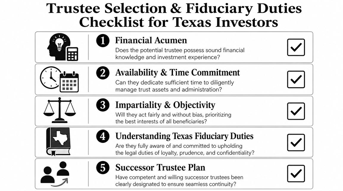 A checklist for Texas investors detailing five essential qualities to consider when selecting a trust trustee.