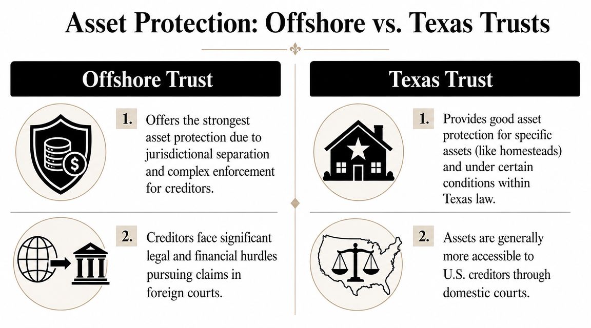 A comparison chart outlining the key differences between offshore trusts and Texas trusts for asset protection.