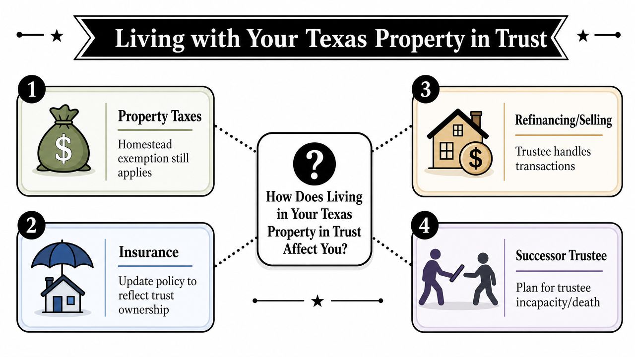 An infographic titled Living with Your Texas Property in Trust, detailing four key impacts for homeowners.