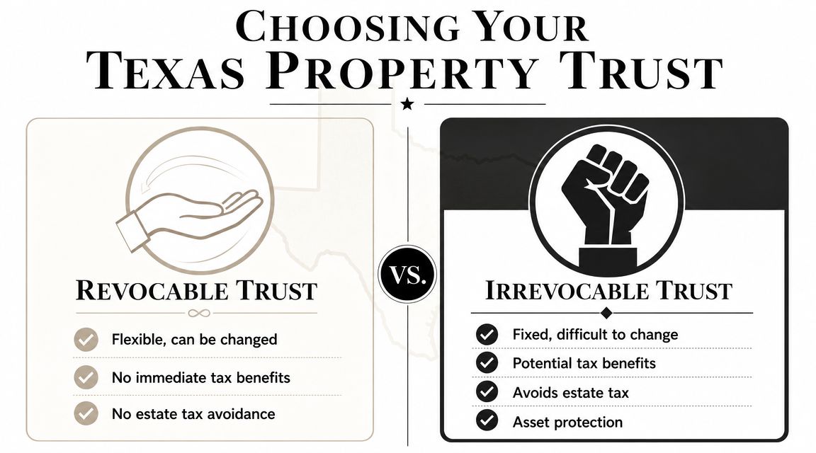 A comparison chart outlining the key differences between revocable and irrevocable property trusts in Texas.