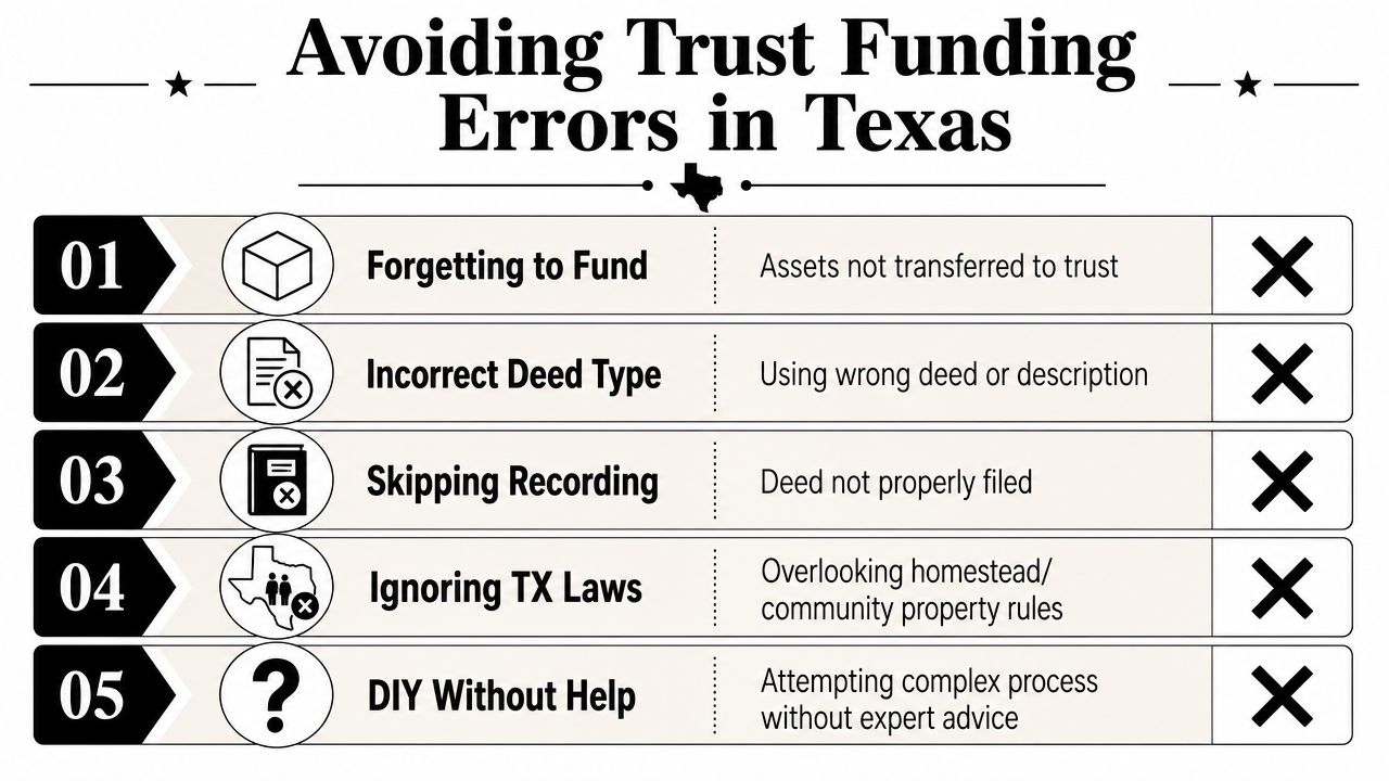 A list of five common mistakes when funding a trust in Texas, including improper documentation and recording.
