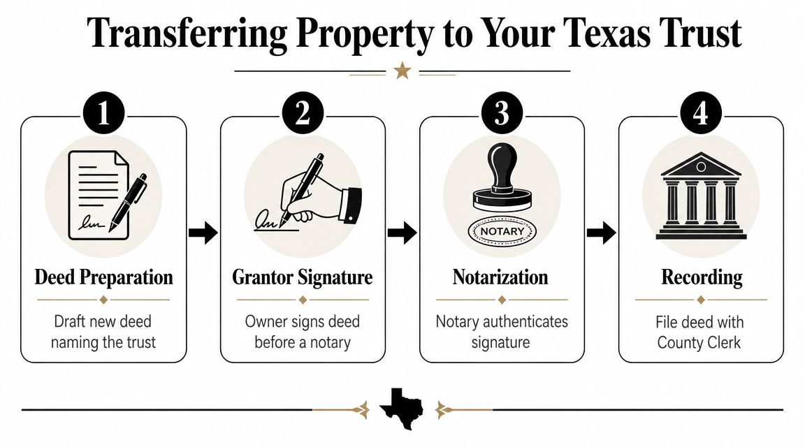 A four-step infographic illustrating the process of transferring real estate property into a Texas trust.