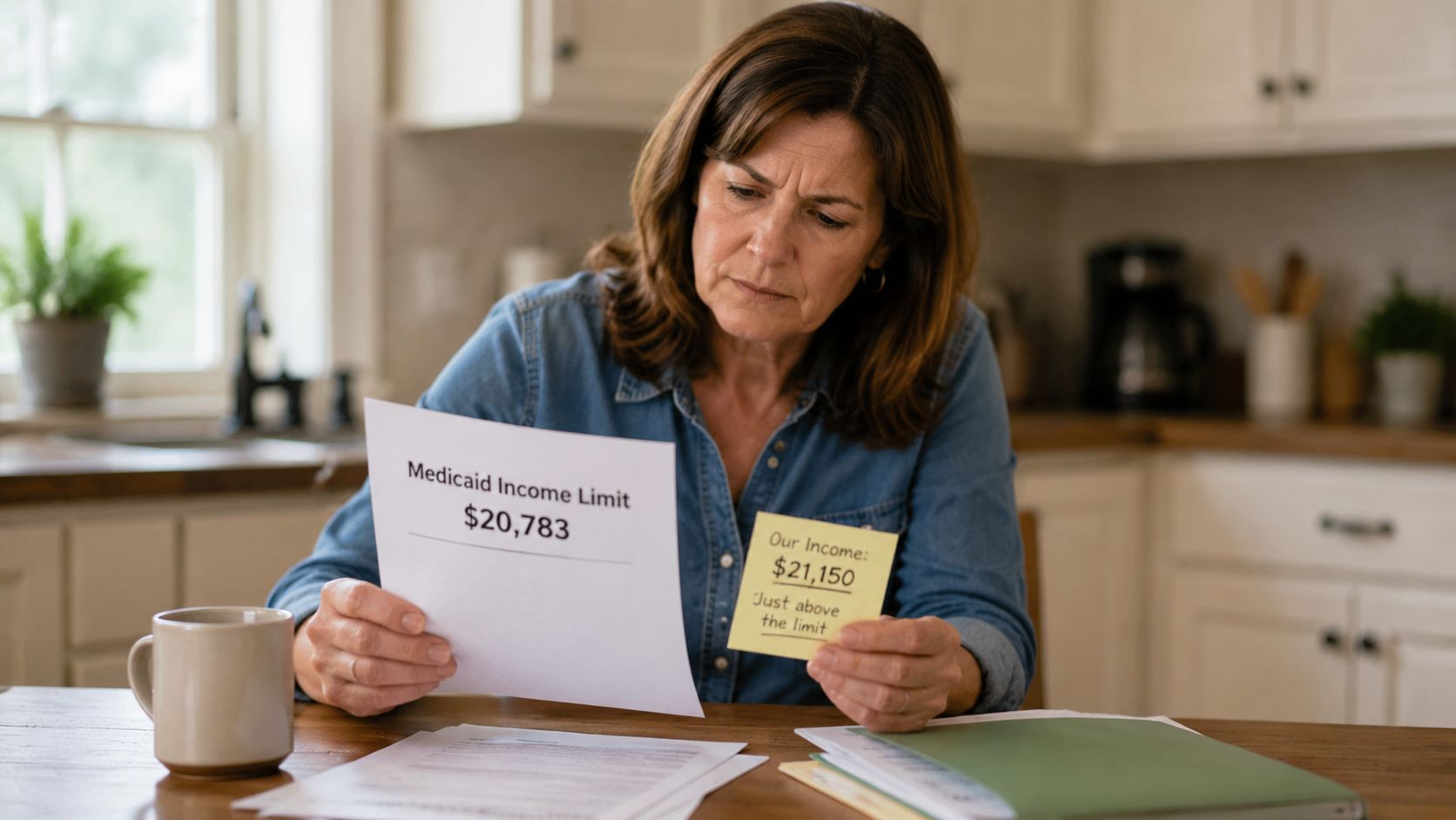 A concerned woman sits at a table reviewing documents about Medicaid income limits and personal finances.