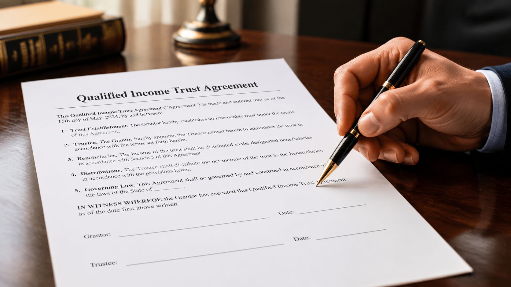 A hand holding a pen signing a document titled Qualified Income Trust Agreement on a desk.