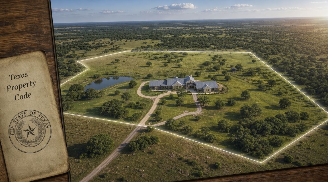 An aerial view of a luxury ranch home in Texas surrounded by rural land and trees.
