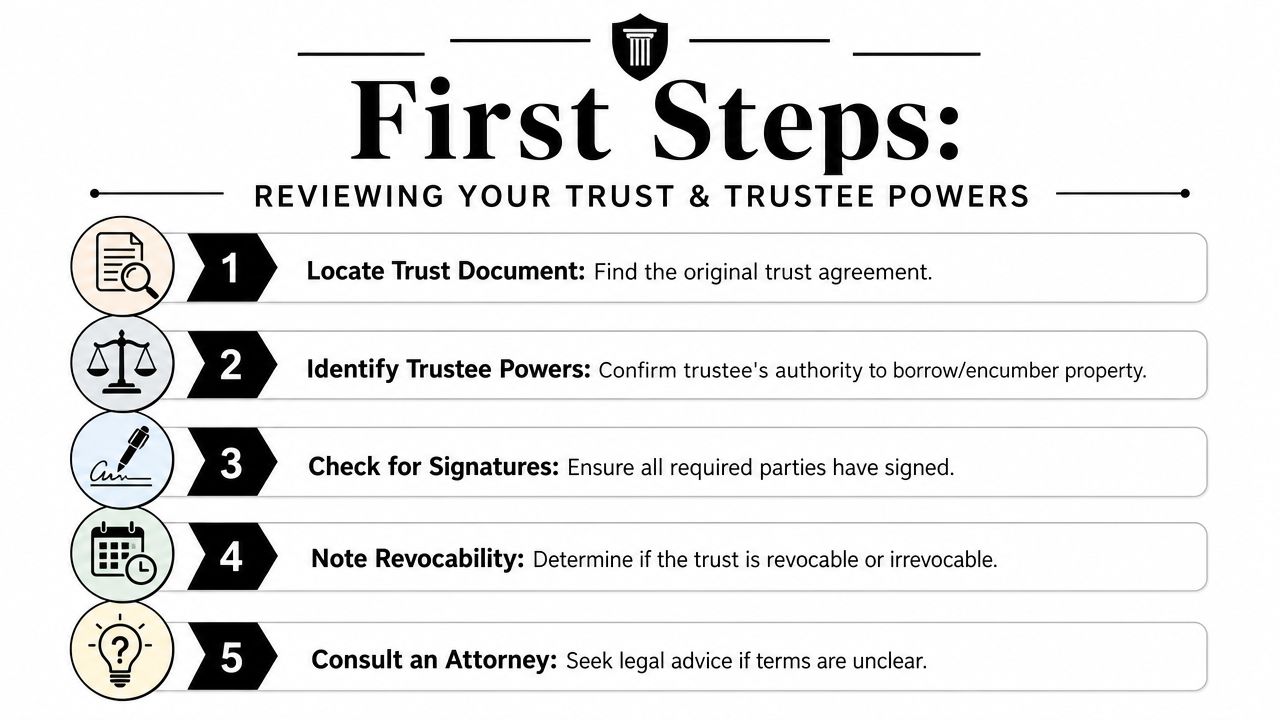 A checklist infographic titled First Steps: Reviewing Your Trust and Trustee Powers for financial planning.