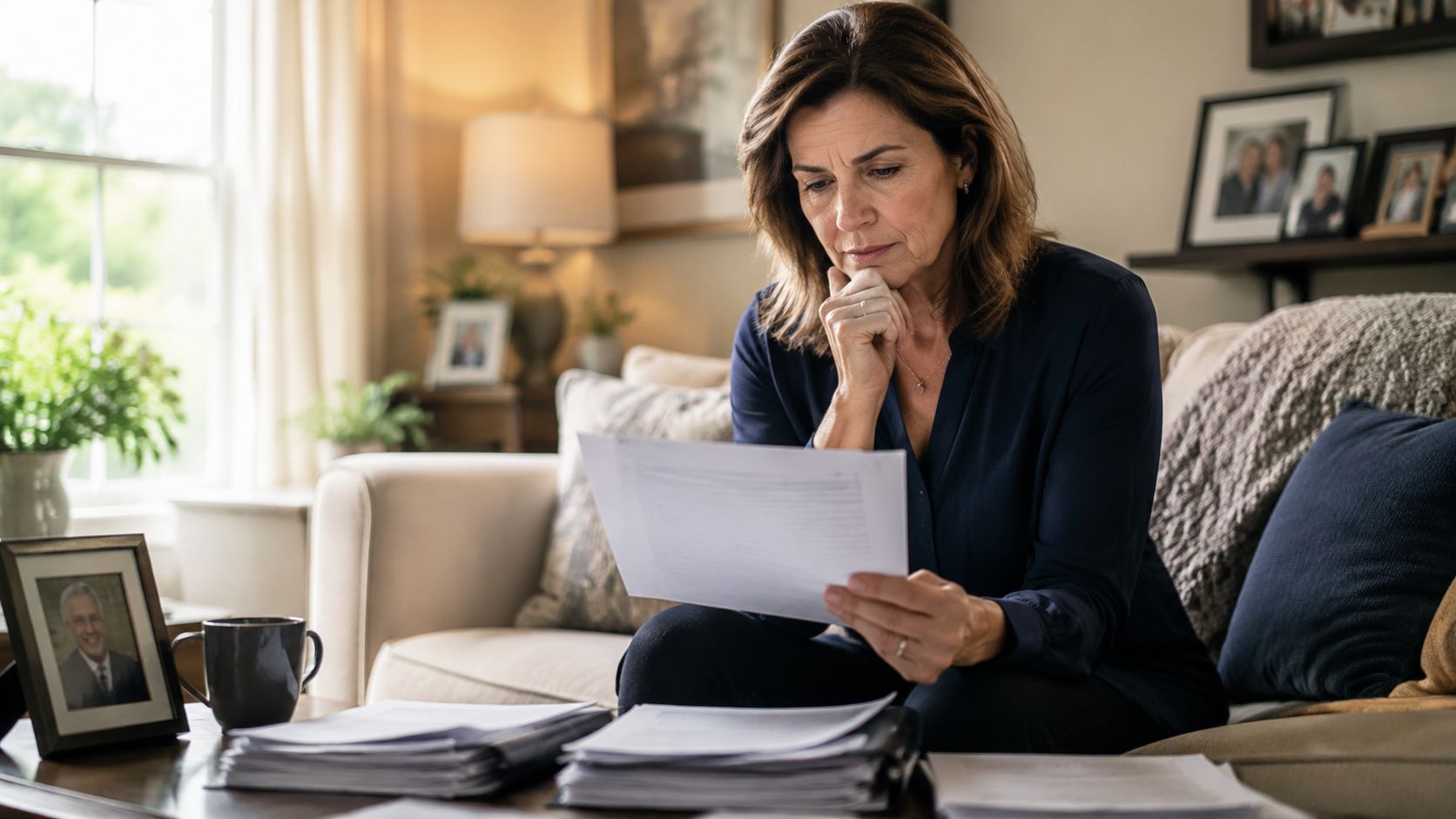 A concerned woman sitting on her couch, reviewing important financial documents and legal paperwork at home.