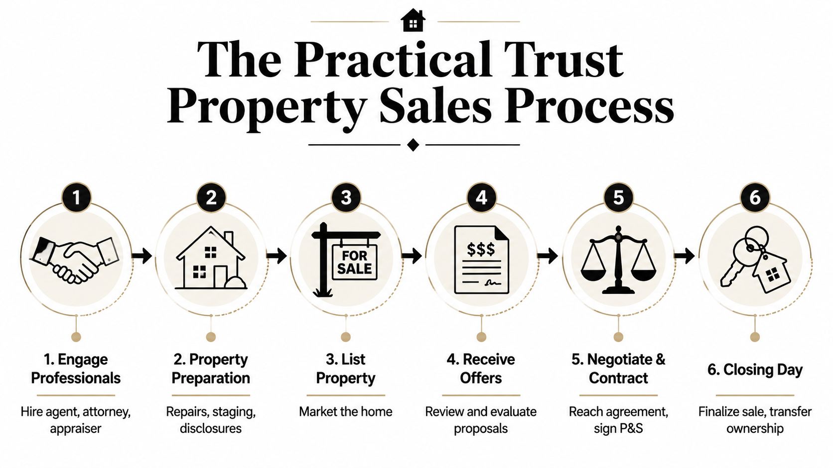 A diagram outlining the six steps of the practical trust property sales process from engagement to closing.