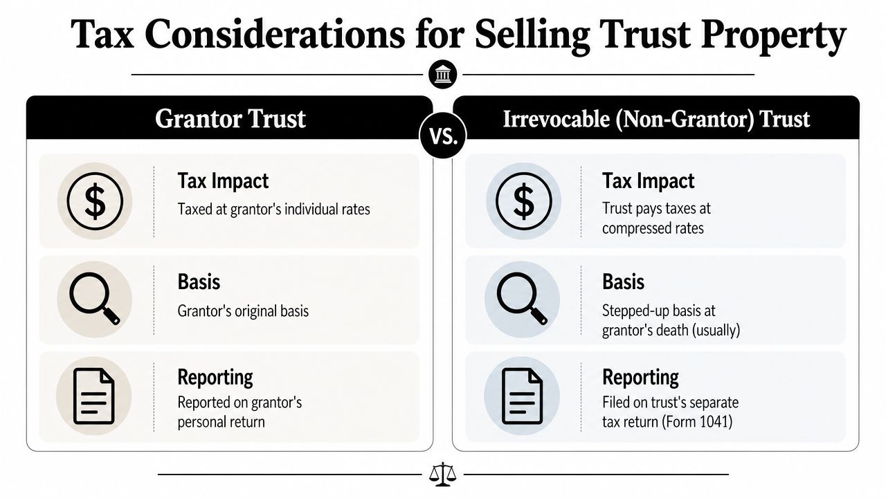 A comparison chart outlining the tax considerations for selling property in grantor versus irrevocable trusts.