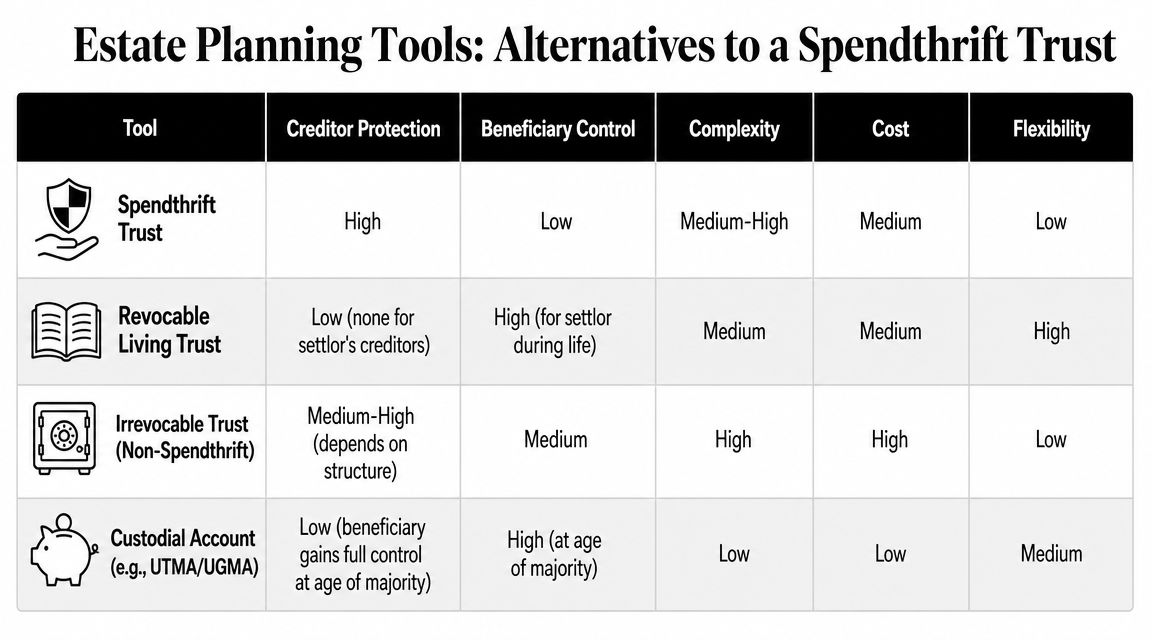 A table comparing the features of Spendthrift Trusts with other estate planning tools and financial accounts.