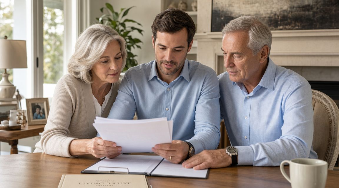 A professional advisor reviewing living trust documents with an elderly couple in a home office.