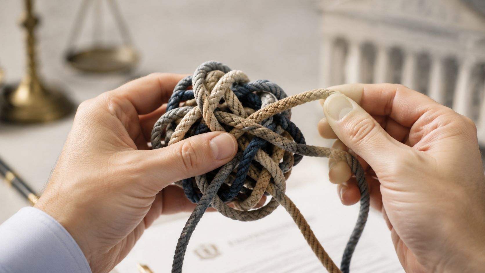 A pair of hands holding a complex tangled knot of rope representing legal complexities and trust disputes.