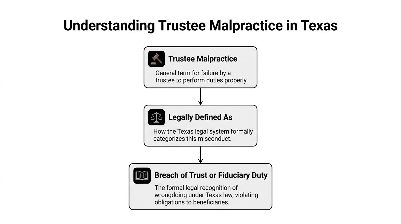 A flowchart explaining trustee malpractice as a breach of trust or fiduciary duty under Texas law.