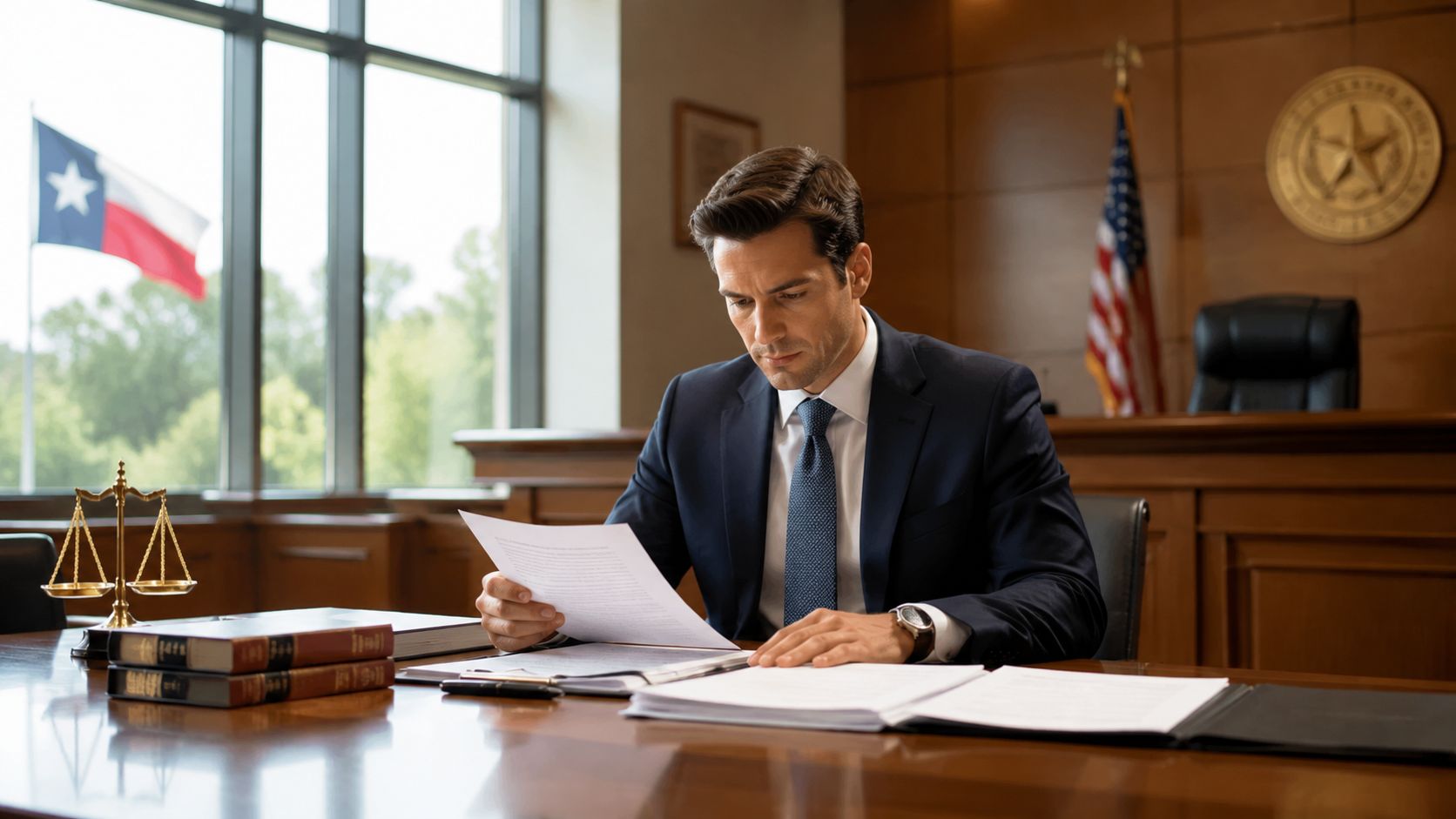 A professional man in a suit reviewing legal documents at a desk in a courtroom setting.