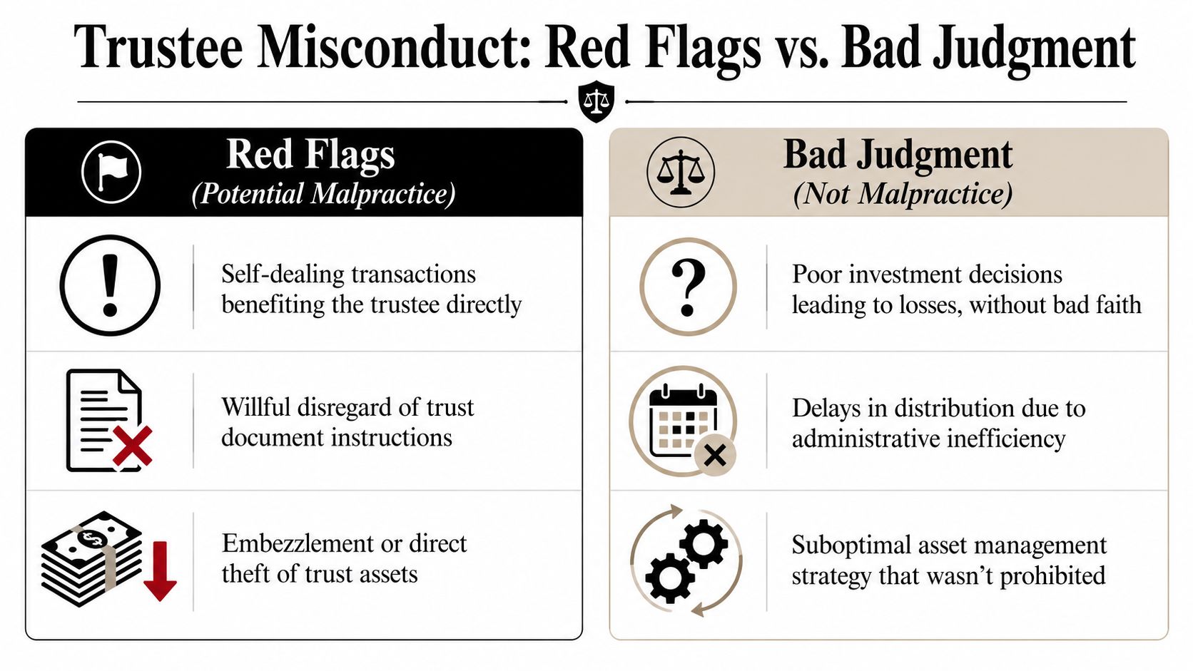 A comparison chart distinguishing between trustee misconduct red flags and examples of poor judgment in legal administration.