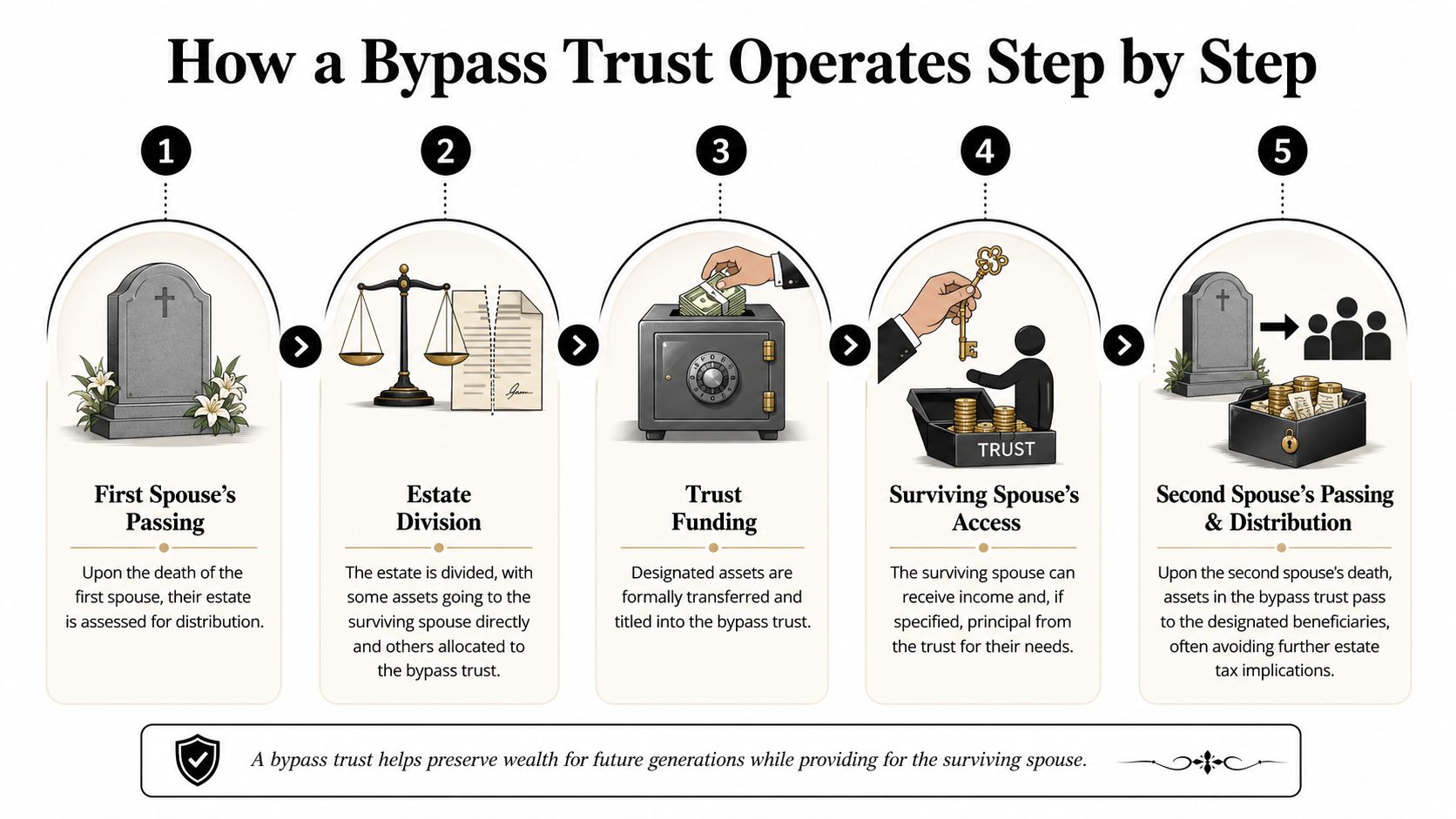 A five-step infographic showing how a bypass trust operates to transfer assets after a spouse passes away.