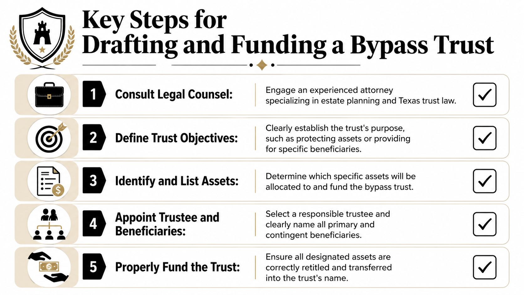 An infographic titled Key Steps for Drafting and Funding a Bypass Trust illustrating five legal planning steps.