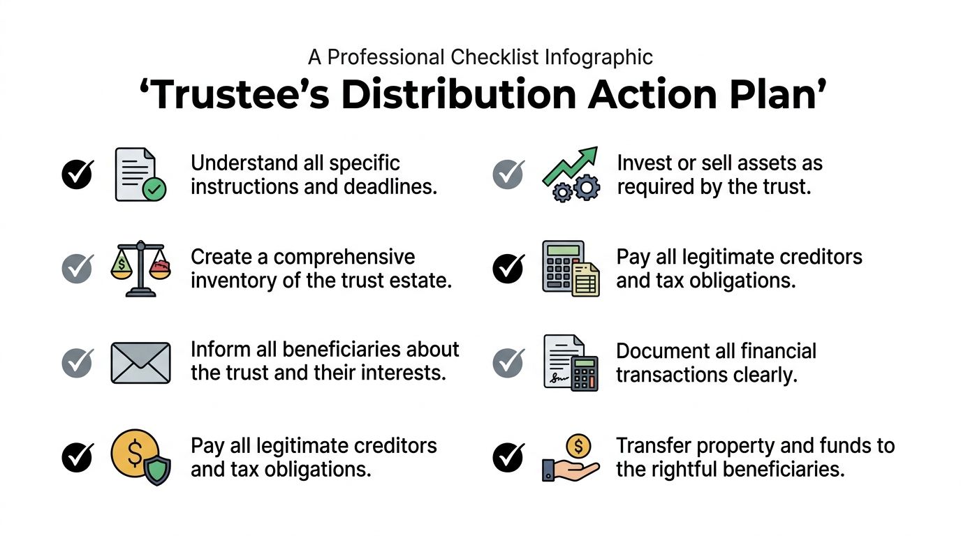 A professional checklist infographic outlining the key duties for a trustee's asset distribution action plan.