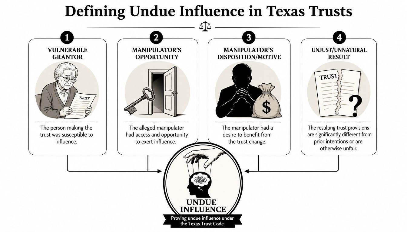 An infographic outlining the four key legal factors required to prove undue influence in Texas trusts.