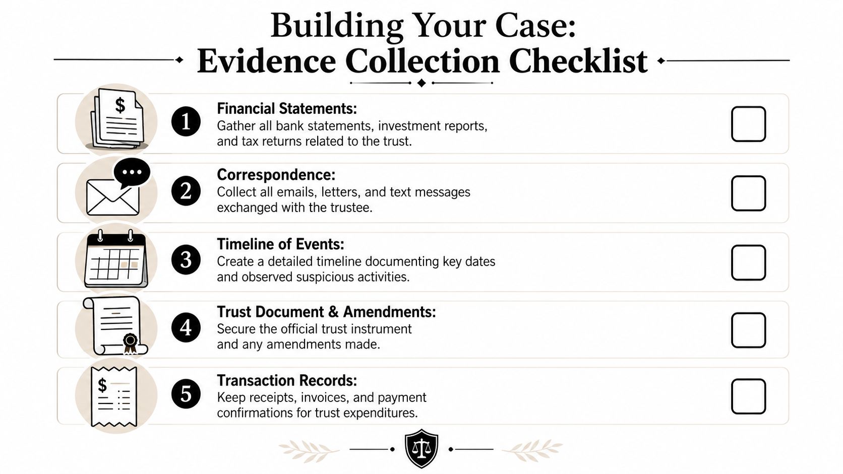 A checklist for gathering evidence when building a legal case against a trustee regarding trust management.