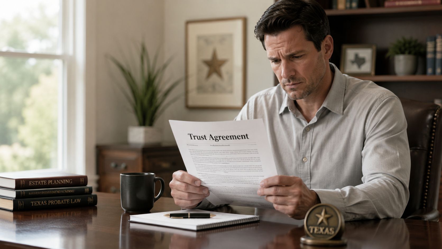 A professional man sitting at a desk reviewing a Trust Agreement document in a law office.