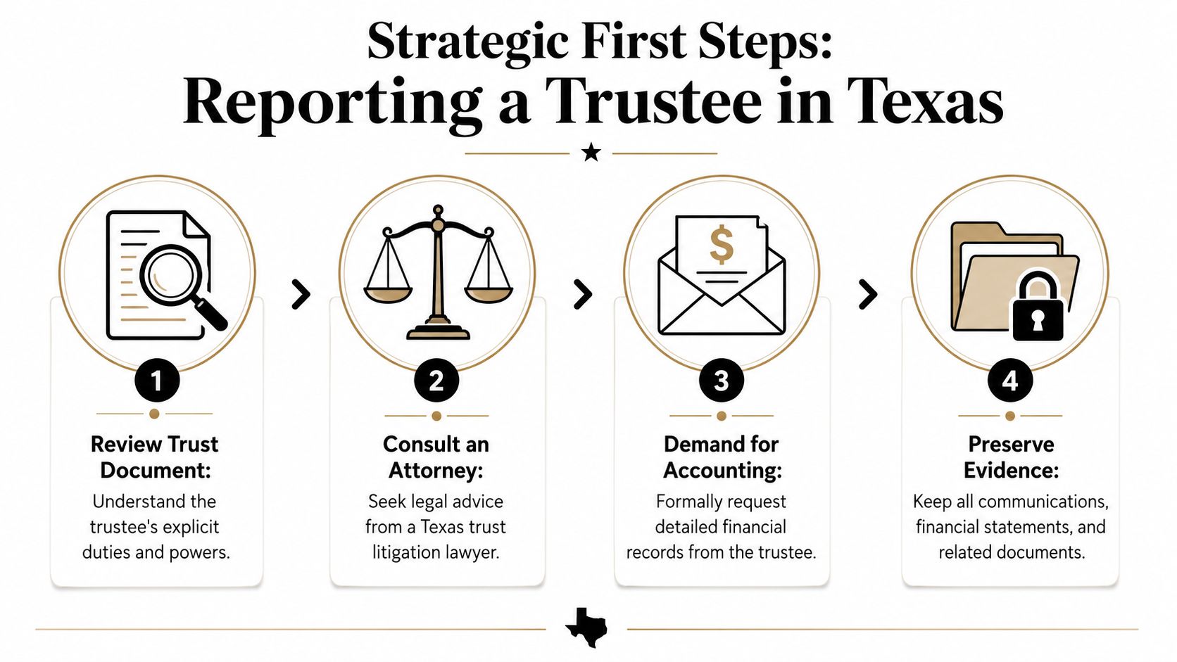 An infographic showing four strategic steps for reporting a trustee in Texas, with icons and descriptions.