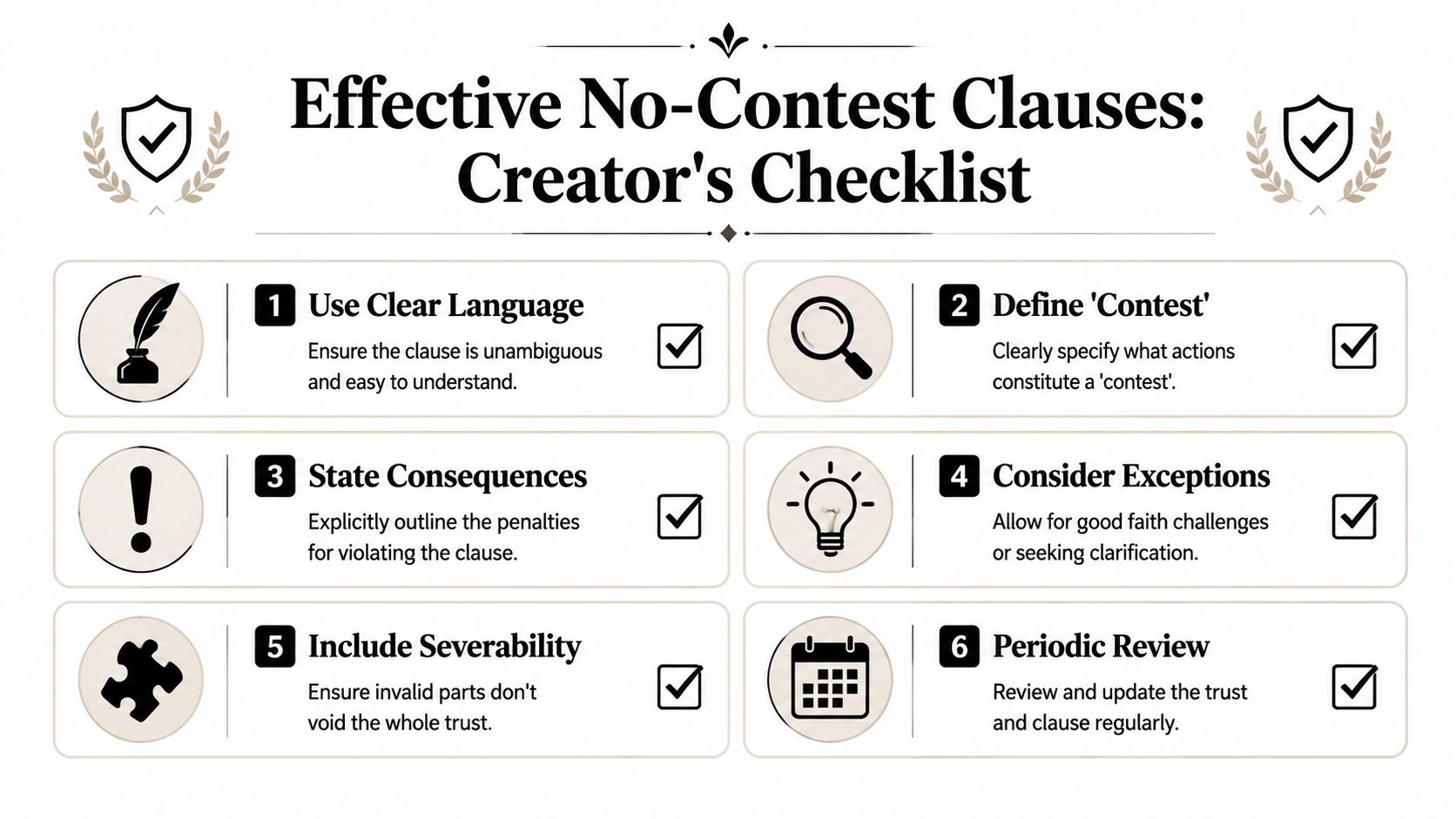 An educational infographic checklist for creating effective no-contest clauses in legal trusts and estate documents.