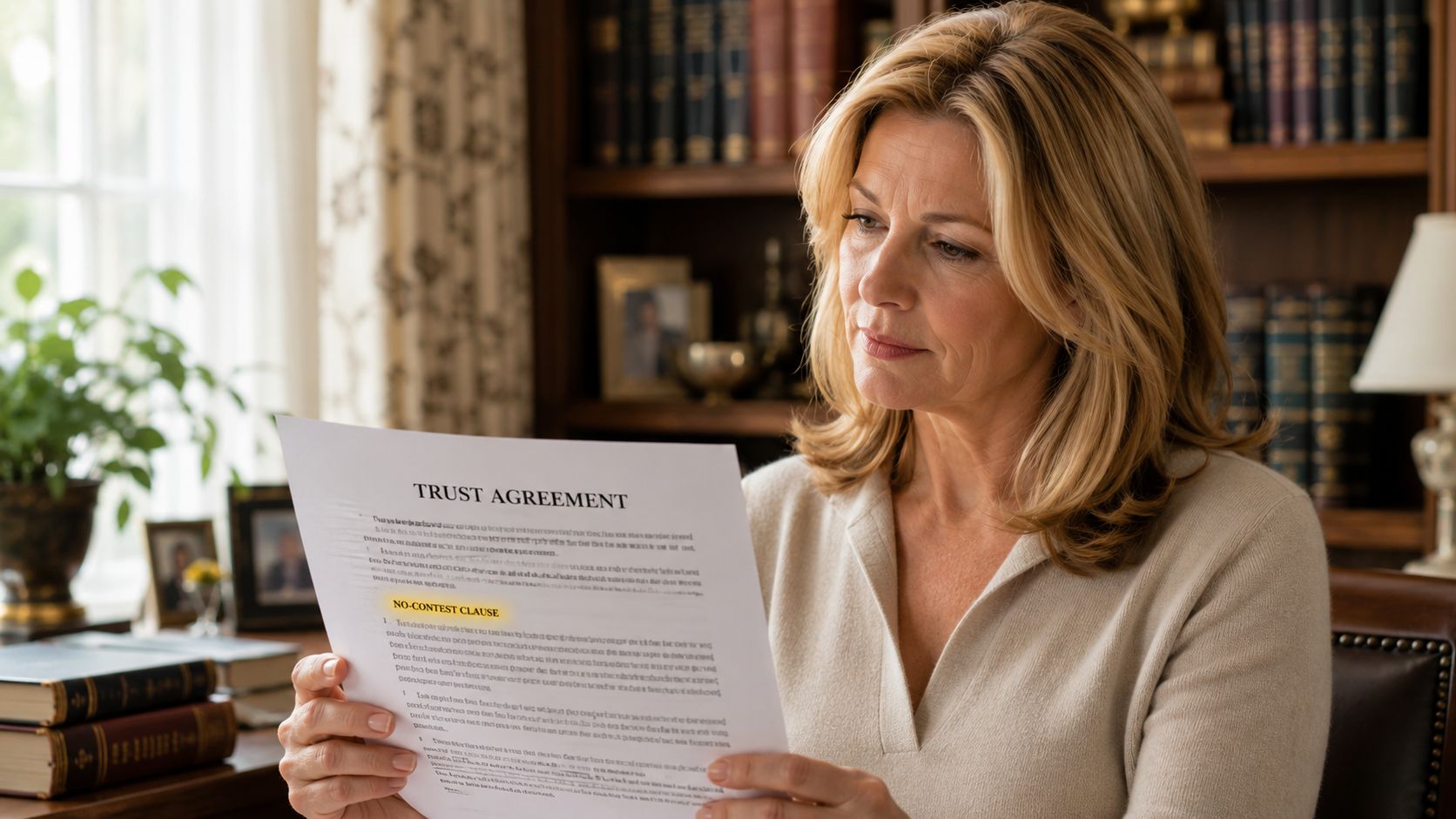 A woman reads a trust agreement document in a library with a highlighted no-contest clause section.