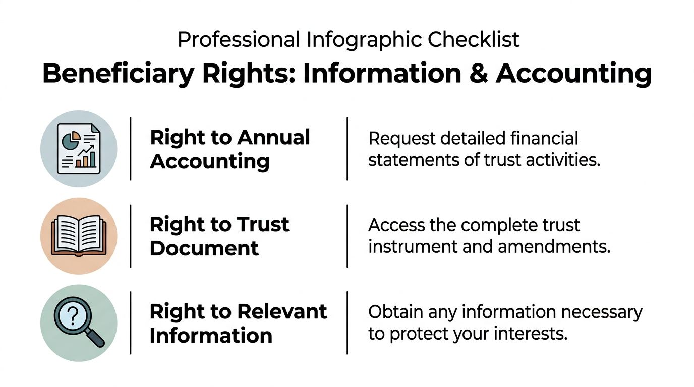 An infographic checklist outlining the essential rights of trust beneficiaries regarding information and financial accounting.