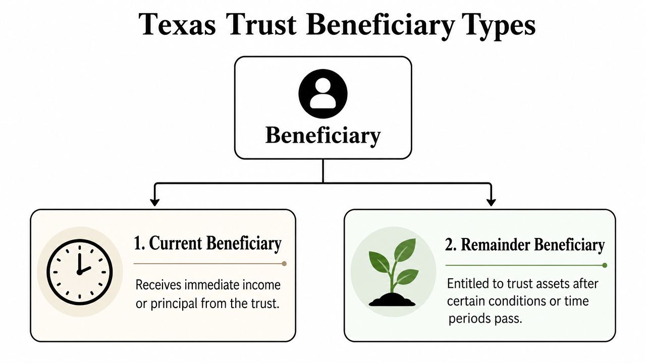 A diagram illustrating the two primary types of beneficiaries in a Texas trust, current and remainder.