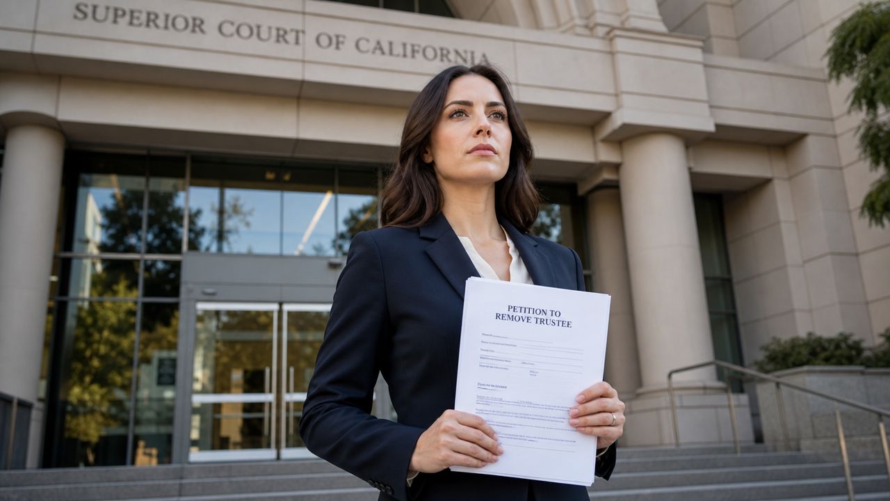 A professional woman in a suit stands before a California court holding a legal petition to remove a trustee.