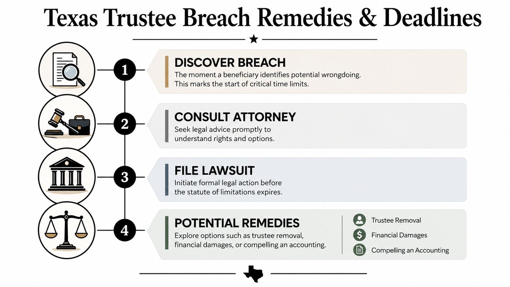 An infographic titled Texas Trustee Breach Remedies and Deadlines, illustrating four legal steps to resolve trust disputes.